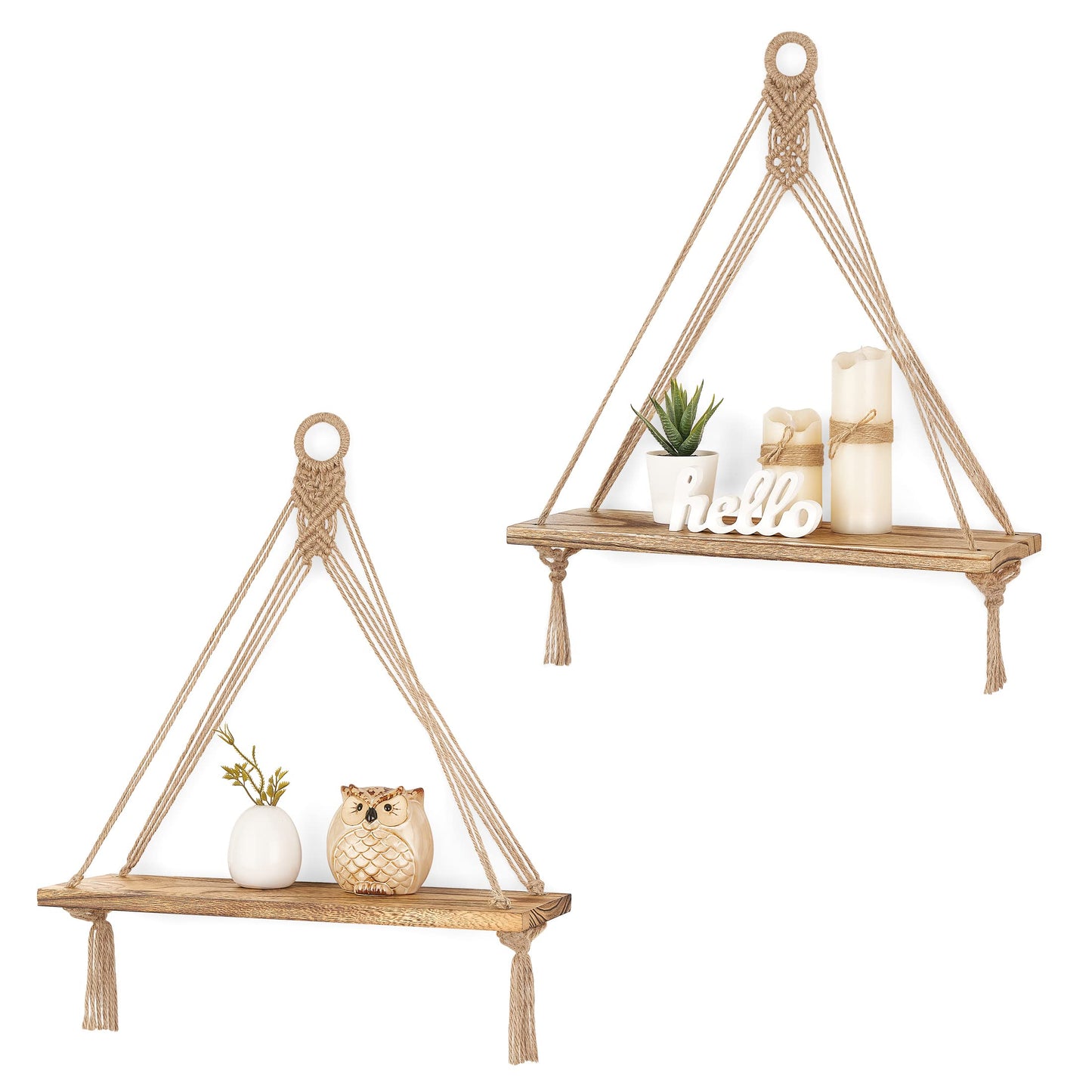 Mkono Macrame Hanging Shelves Boho Wall Decor Set of 2 Floating Wood Shelf