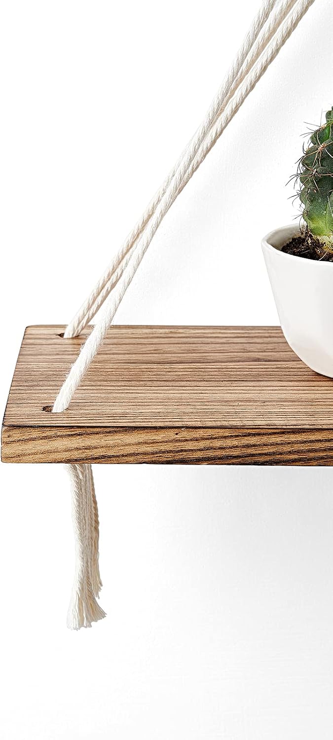 Mkono Macrame Hanging Shelves Boho Wall Decor Set of 2 Floating Wood Shelf