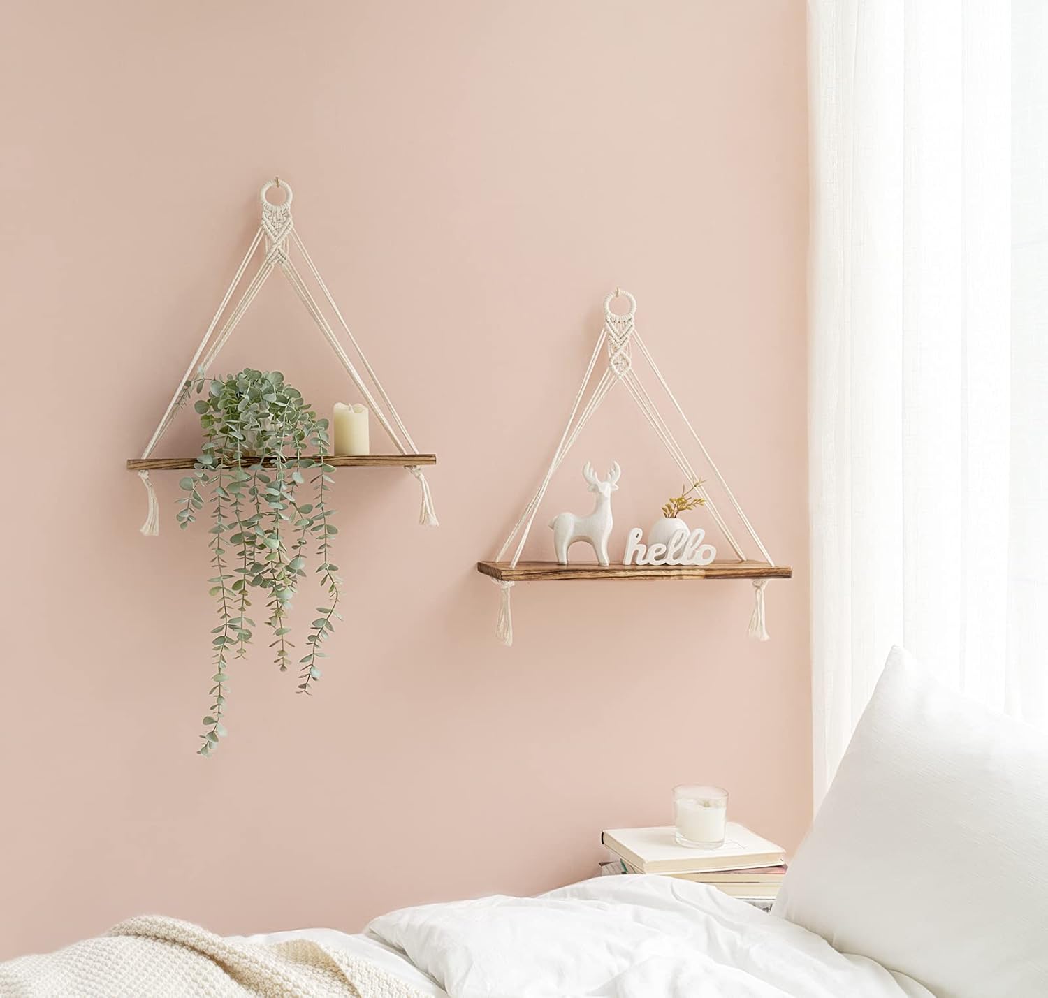 Mkono Macrame Hanging Shelves Boho Wall Decor Set of 2 Floating Wood Shelf