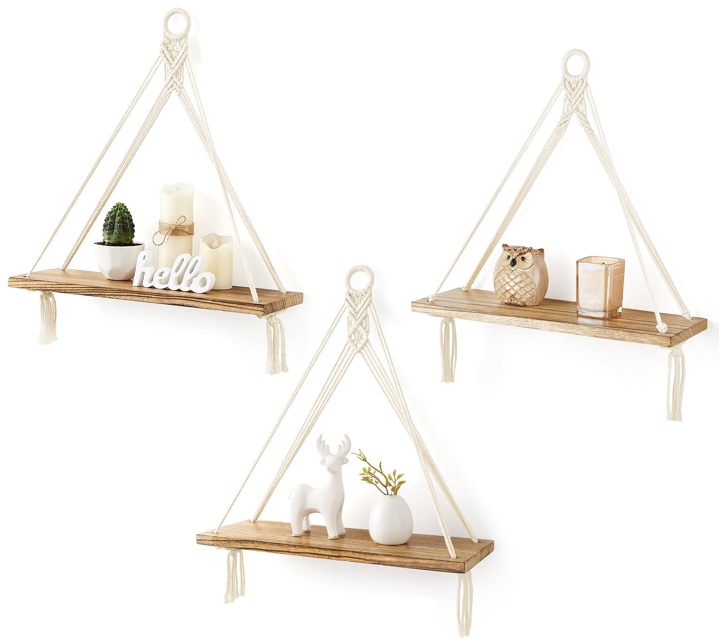 Mkono Macrame Hanging Shelves Boho Wall Decor Set of 2 Floating Wood Shelf