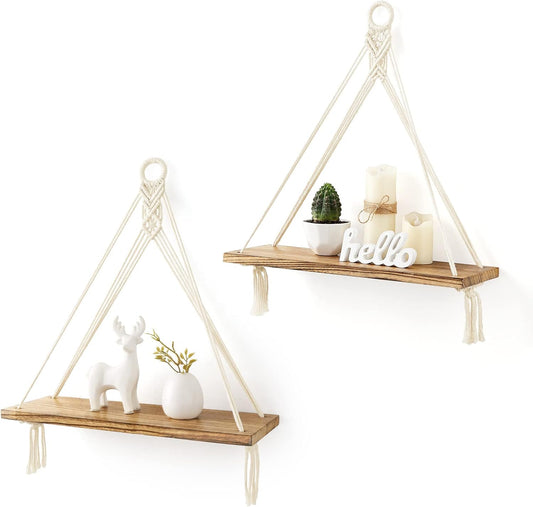 Mkono Macrame Hanging Shelves Boho Wall Decor Set of 2 Floating Wood Shelf