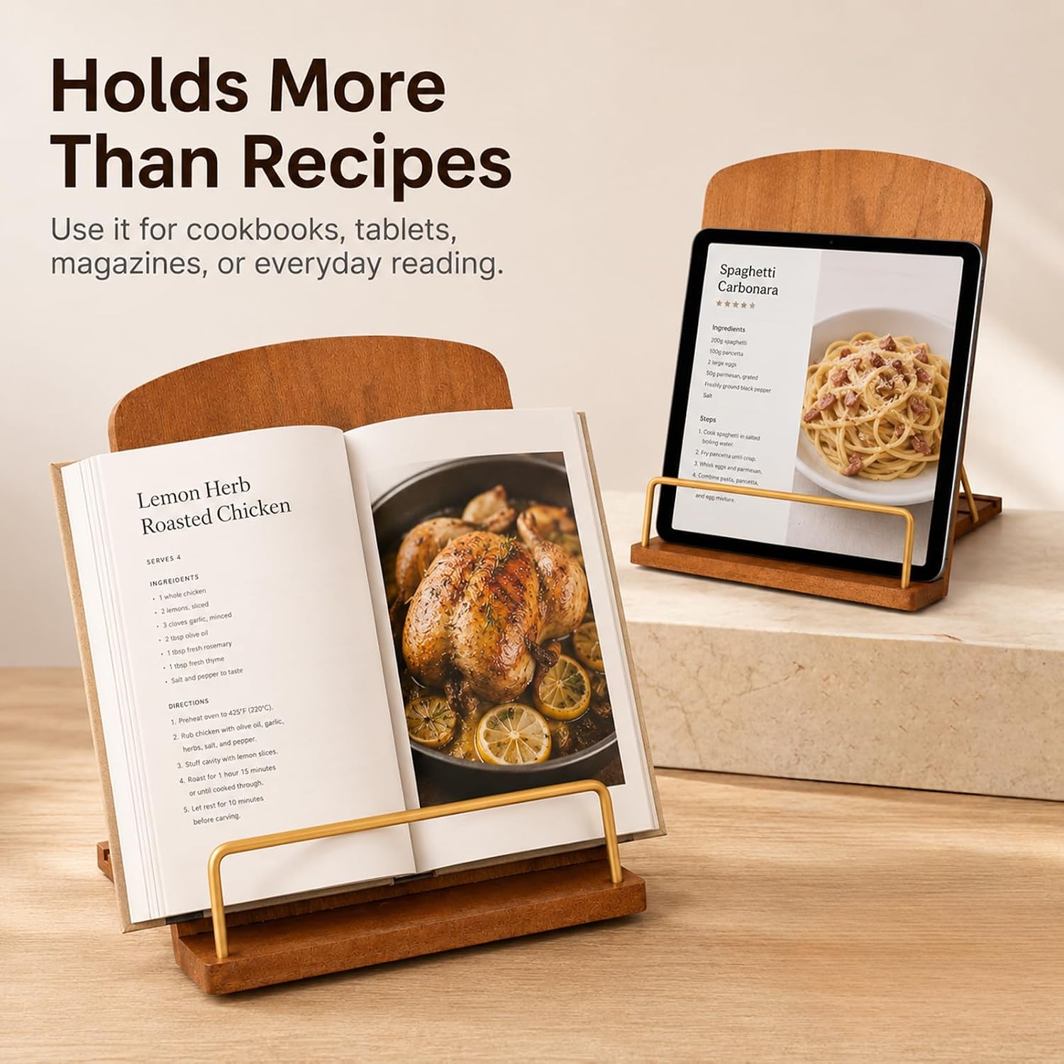 9" L×11" Wood Cookbook Stand,Recipe Book Holder for Rustic Kitchen Deco