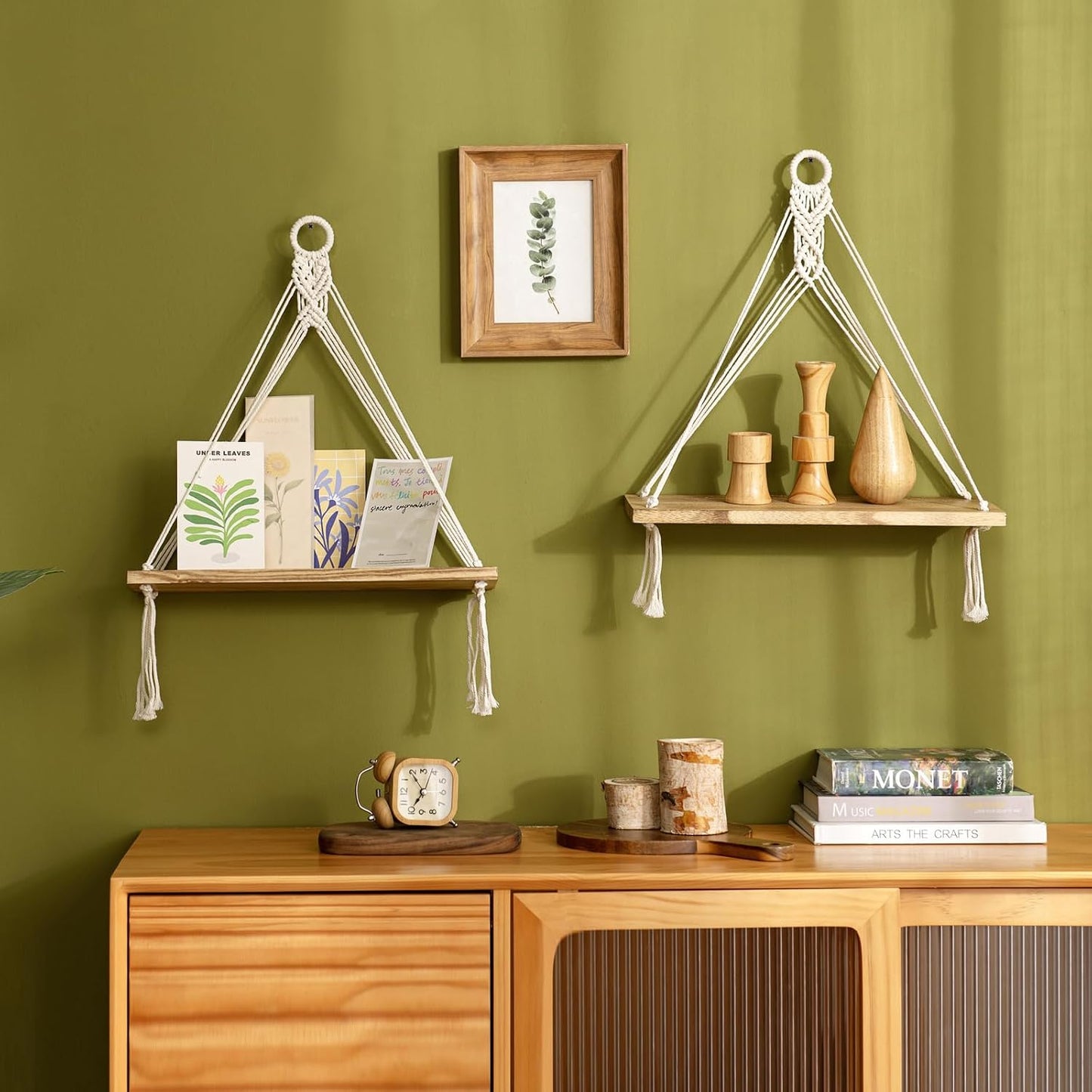 Mkono Macrame Hanging Shelves Boho Wall Decor Set of 2 Floating Wood Shelf