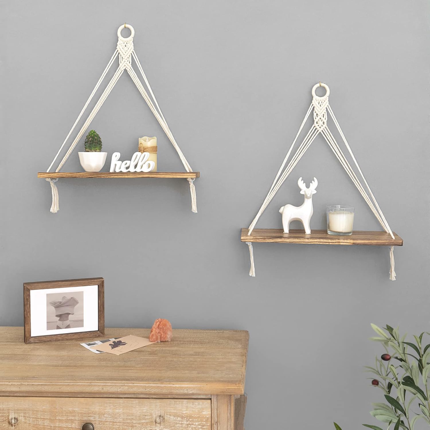 Mkono Macrame Hanging Shelves Boho Wall Decor Set of 2 Floating Wood Shelf