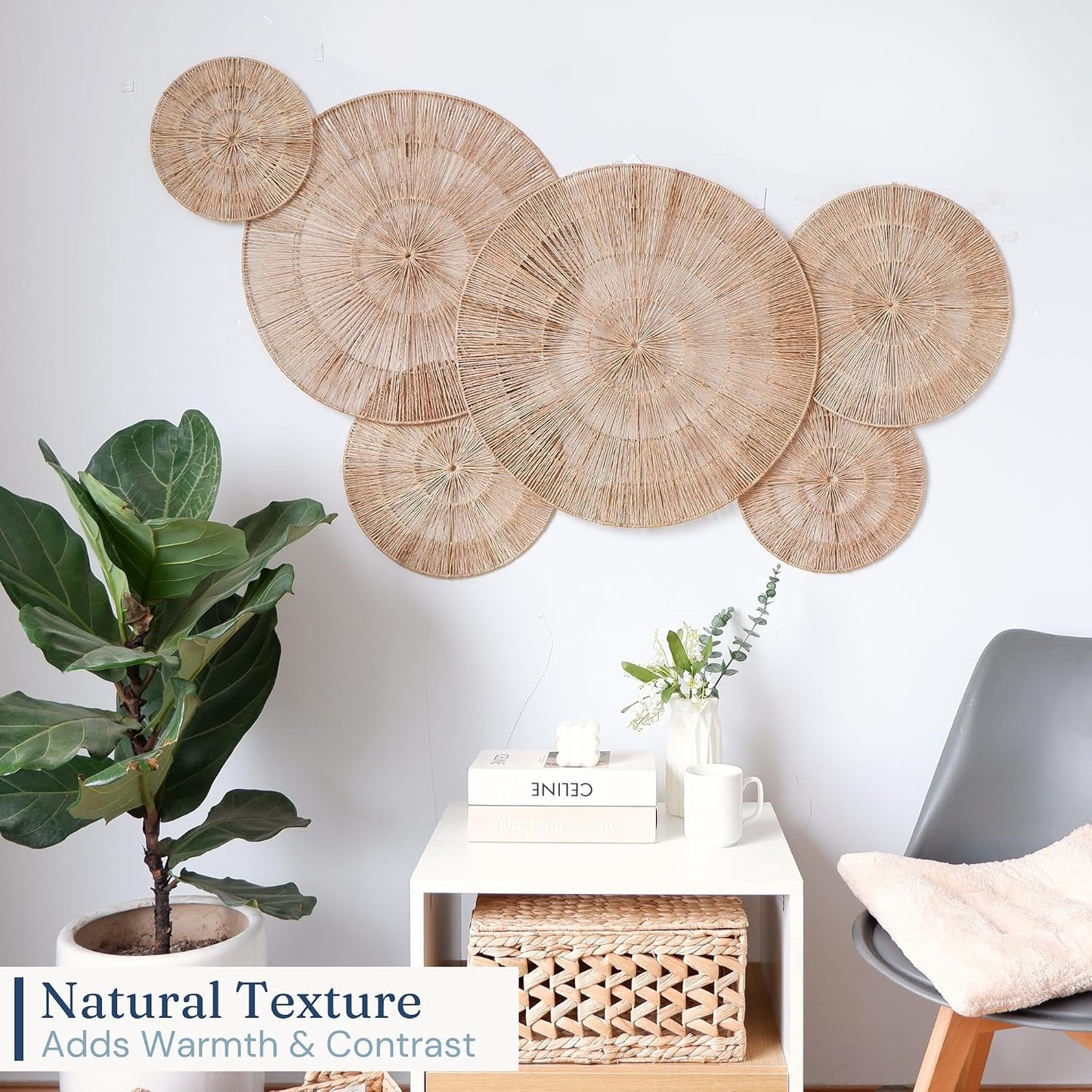 CHI AN HOME Wicker 23 Inch Jute Wall Decor Baskets, Set of 6 Extra Large Woven Jute Wall Plates, 23",21",15",13",12,10", Decorative Baskets for Wall Arts, Wall Hanging for Bedroom, Living Room, Office