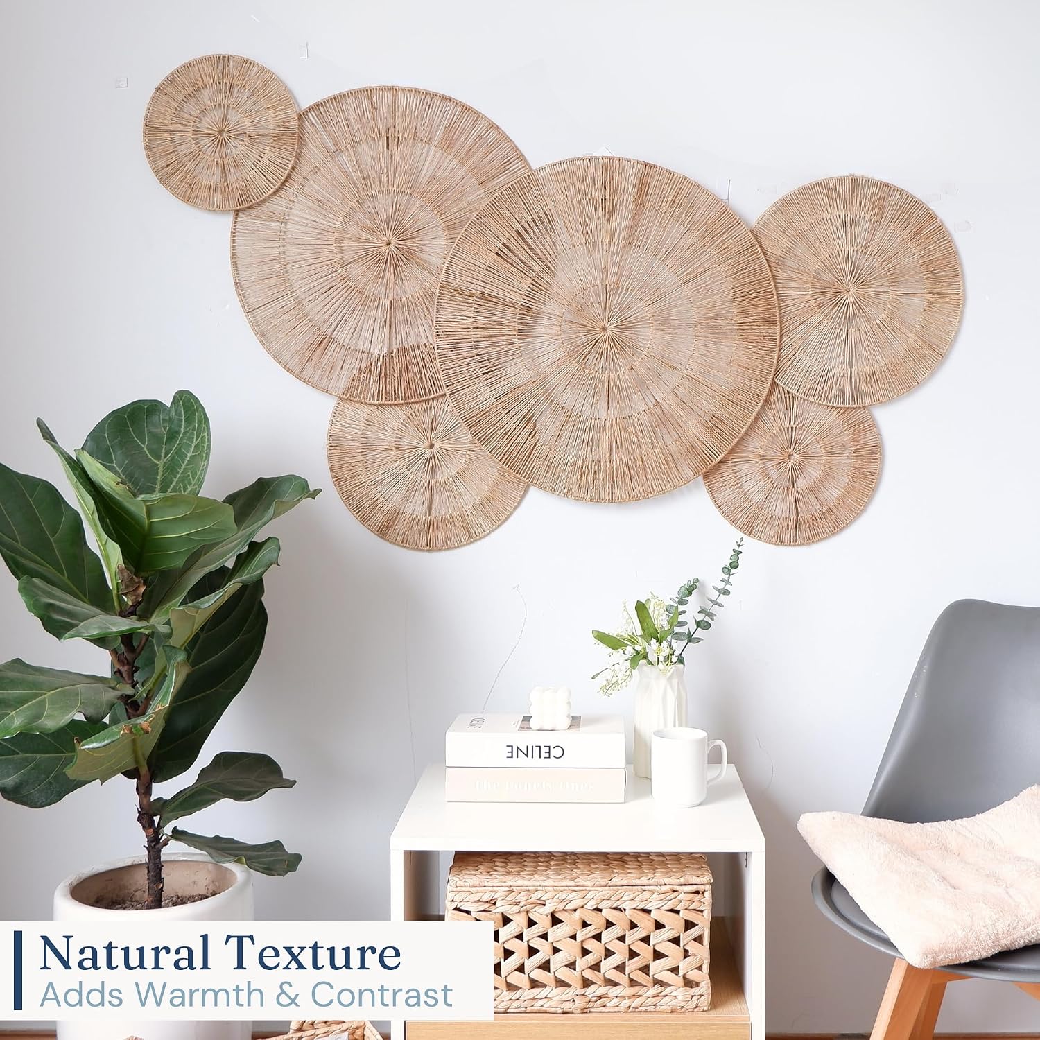 CHI AN HOME Wicker 23 Inch Jute Wall Decor Baskets, Set of 6 Extra Large Woven Jute Wall Plates, 23",21",15",13",12,10", Decorative Baskets for Wall Arts, Wall Hanging for Bedroom, Living Room, Office