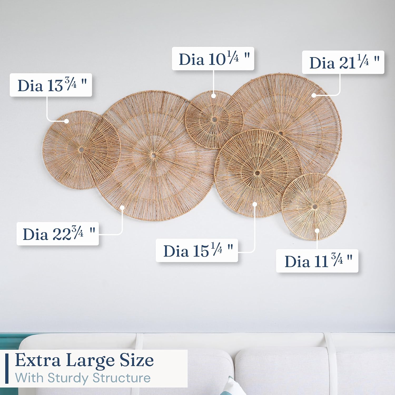 CHI AN HOME Wicker 23 Inch Jute Wall Decor Baskets, Set of 6 Extra Large Woven Jute Wall Plates, 23",21",15",13",12,10", Decorative Baskets for Wall Arts, Wall Hanging for Bedroom, Living Room, Office
